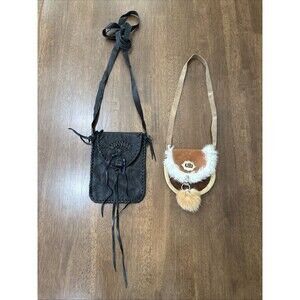 Boho Leather Bag Lot 2 Fringe Fur Shoulder Bag Mini Pouch Western Artisan Y2K